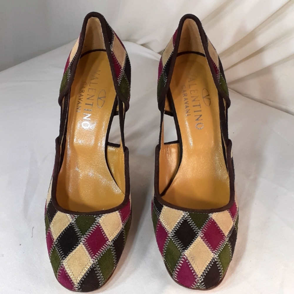 Valentino vintage Y2K patchwork suede heels burgundy green cream Brown - Picture 2 of 10